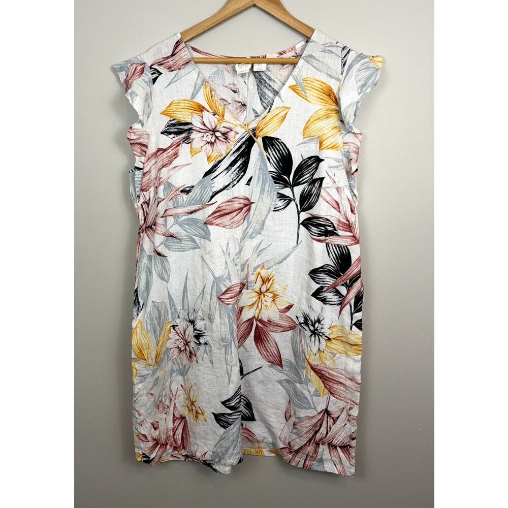 C&C California Dress Linen Floral Tropical Boho Flutter Sleeve Shift Dress XL